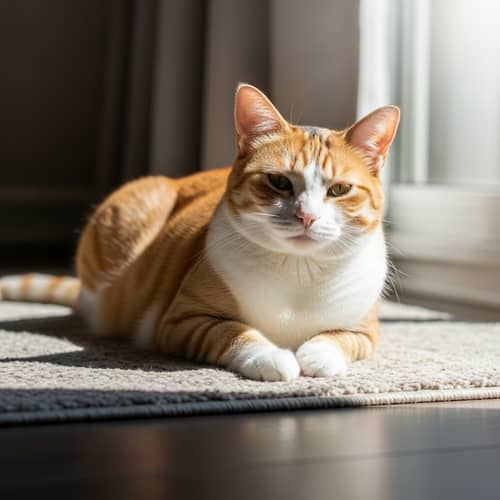 Peaceful Tortoiseshell Cat Resting on Plush Rug | Homely Scene