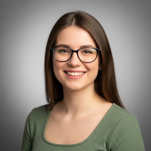 Smiling Caucasian Girl with Glasses in Modest Green Top