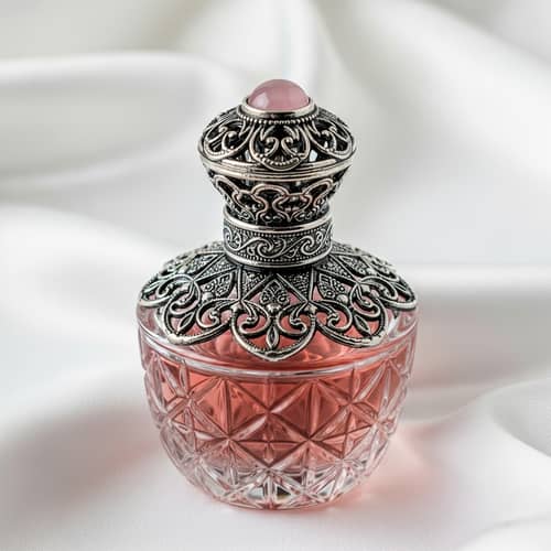 Luxury Rose-Colored Crystal Perfume Bottle on Silk Cloth