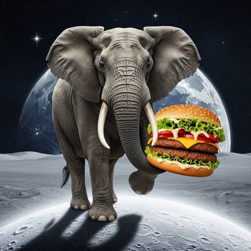 Delightful Elephant Balancing on Moon with Burger on Trunk