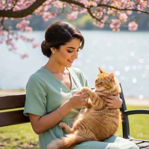 Attractive Middle-Eastern Girl with Ginger Cat in Park