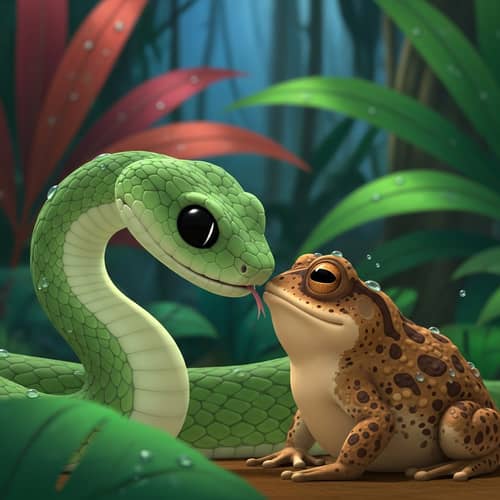 Green Viper and Toad in Friendly Rainforest Interaction