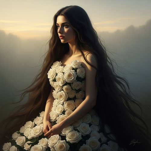 Digital Painting: Thoughtful Young Norwegian Woman in White Rose Dress