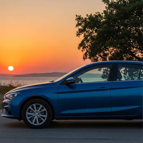 Sapphire Blue Car at Sunset | Aerodynamic Design with Silver Alloy Wheels