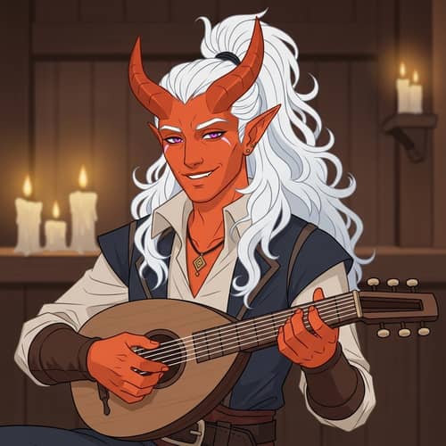 Fantasy Universe Tiefling Man Playing Lute in Dimly Lit Tavern