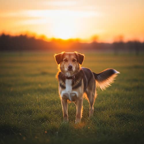 Friendly Mixed Breed Dog in Grassy Field at Sunset