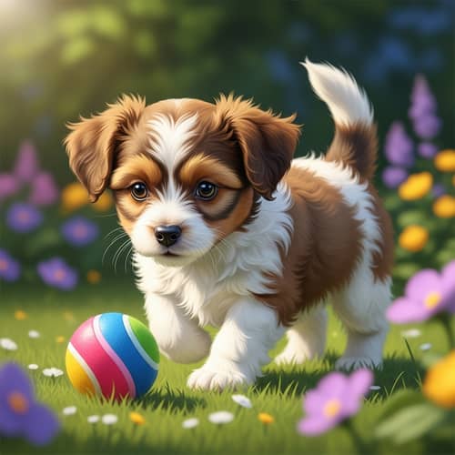 Adorable Brown and White Puppy Playing in Garden