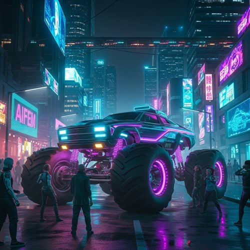 Futuristic Monster Truck in Cyberpunk Cityscape