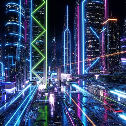 Abstract Futuristic Design: Vibrant Cityscape & Technological Motifs
