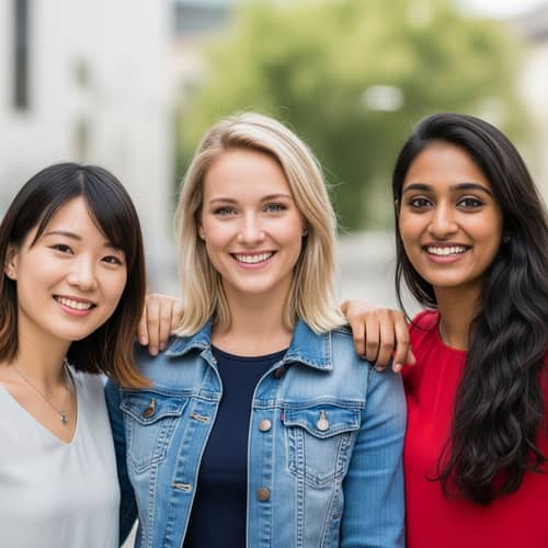 Diverse Group of Smiling Women: Chinese, European, and Brown-skinned