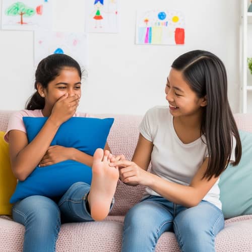 Laughing South Asian and East Asian Girls on Cozy Pastel-Colored Couch