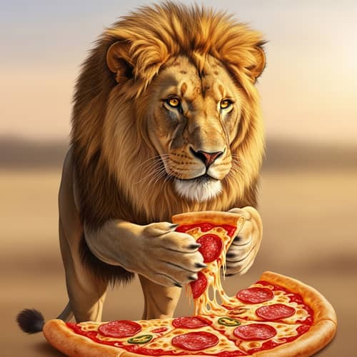 Curious Lion Interacting with Pizza in Natural Habitat