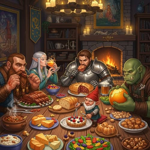 Fantasy Game Characters Enjoying Colorful Meals Together