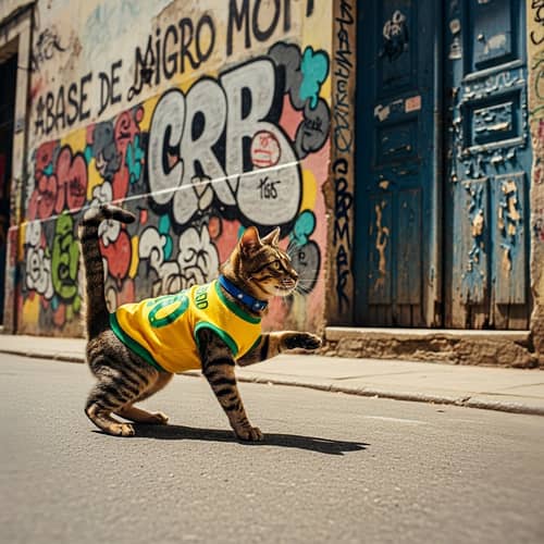 Playful Cat in Brazilian Football Jersey | Vintage Film Style