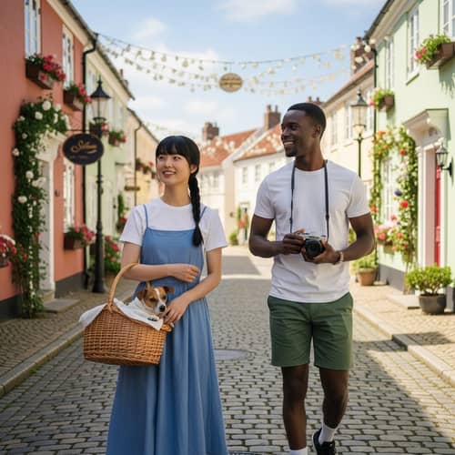 Strolling Asian Woman with Dog and Black Man with Camera on Cobblestone Street