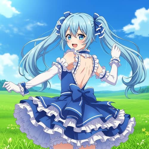 Joyful Young Woman with Sky-Blue Hair in Blue and White Dress