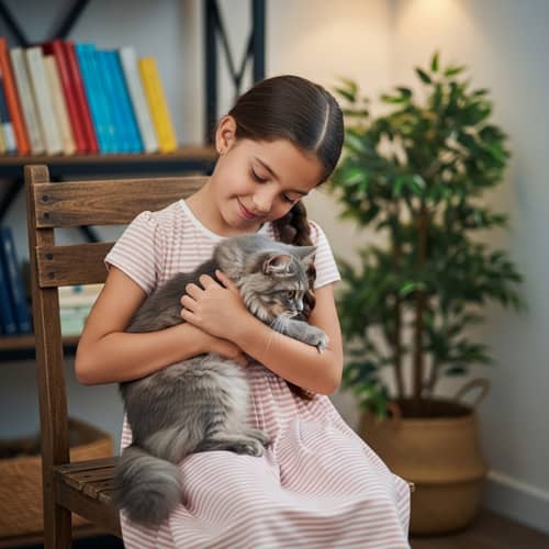 Young Hispanic Girl with Grey Cat | Heartwarming Scene