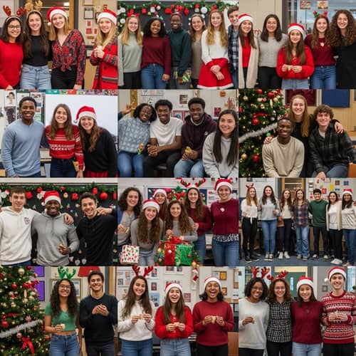 Ethnically Diverse Students Celebrate Holiday Season: Joyful Festive Scene