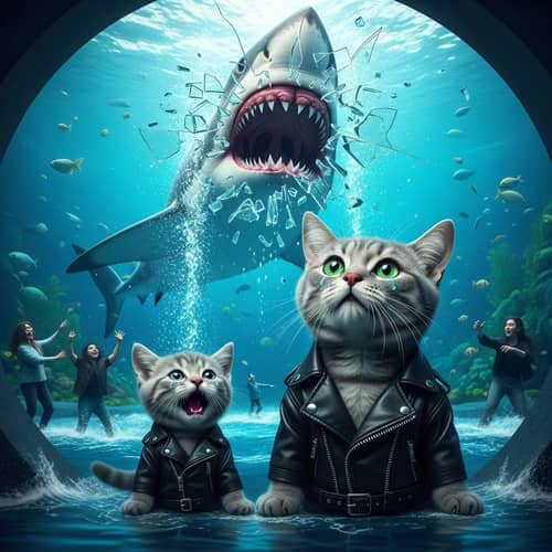 Realistic Grey Tomcat and Kitten in Aquarium with Shark