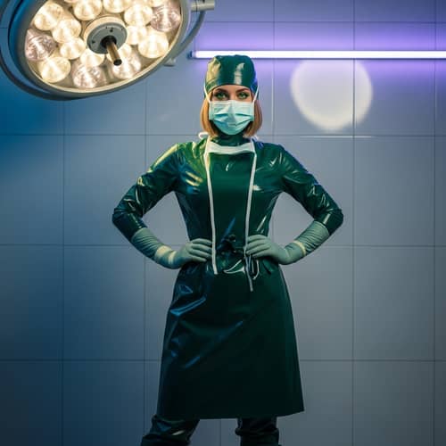 Female Surgeon in Dark Green Latex Surgical Attire | Professional High-Resolution Image