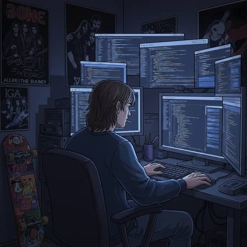 Skilled Hacker 'Kurt' in Grunge Style Coding Environment