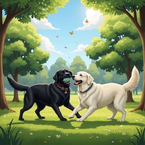 Energetic Black Labrador and White Golden Retriever Playful Encounter