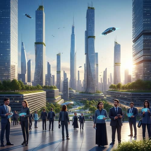 Futuristic Cityscape: Advanced Skyscrapers & Green Spaces