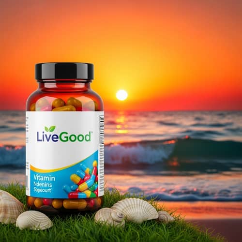Vibrant LiveGood Vitamins Bottle Against Serene Sunset