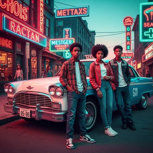 Vintage African American Teens with Classic Taxi Cab Artwork