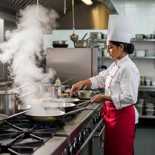 Professional South Asian Female Chef Cooking Aromatic Dishes