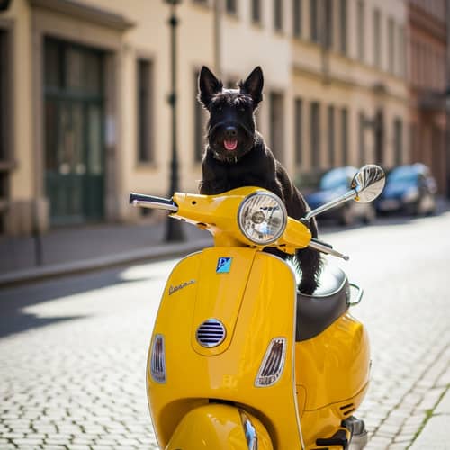 Scottish Terrier on Yellow Vespa: Fun Adventure in the City