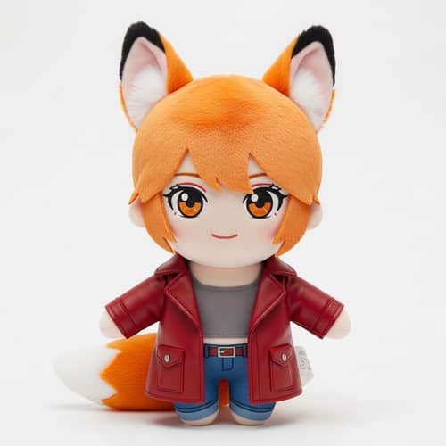 Japanese Animation Style Plush Toy with Orange Eyes and Fox Features