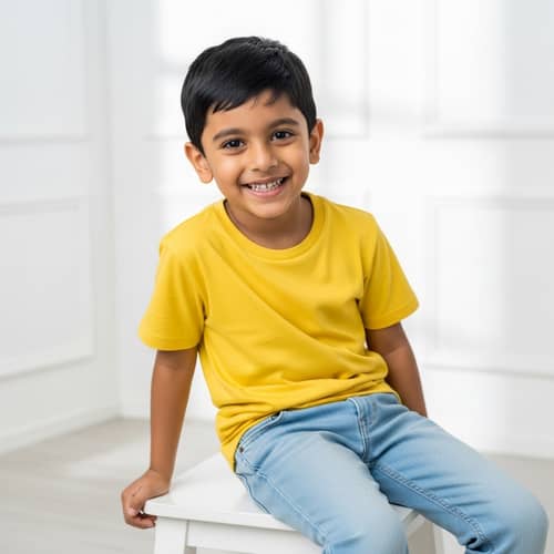 Smiling South Asian Boy Portrait in Well-Lit Studio