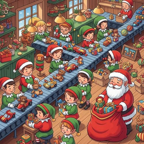 North Pole Elves Conveyor Belt Illustration | Christmas Toy Workshop