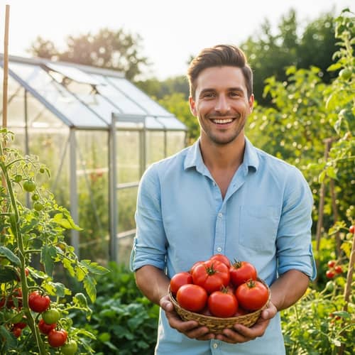 European Man Smiling with Tomatoes in Summer Garden
