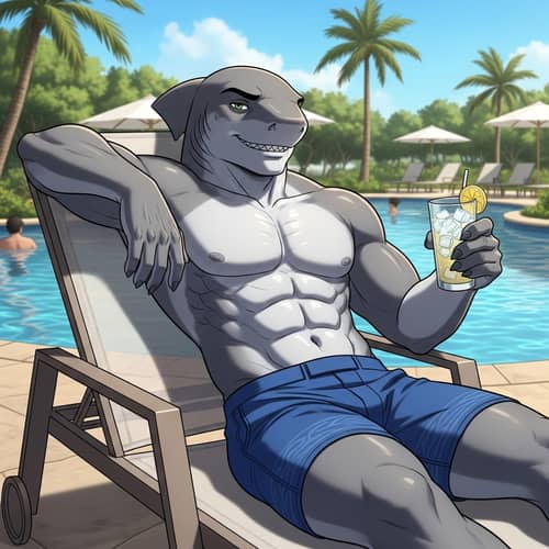 Muscular Shark Demi-Human Relaxing by Pool in Swim Shorts