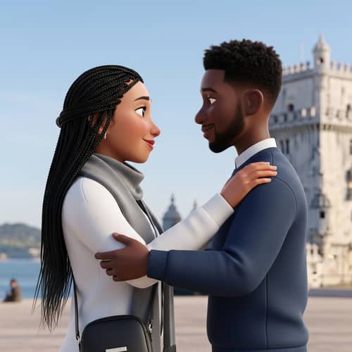 Heartwarming Pixar-Style Animation: Hispanic Woman and Black Man Smiling