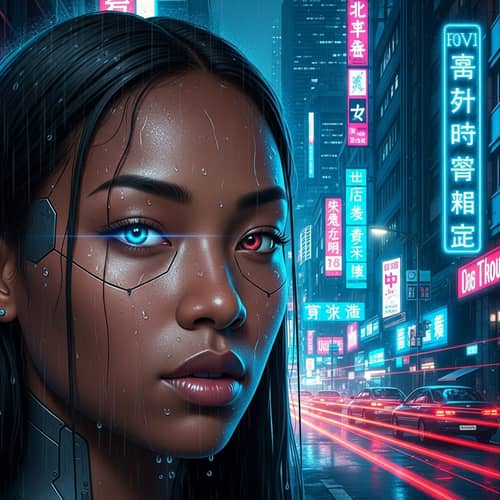 Neon Cyberpunk Portrait: Afro-Asian Woman in Luminescent Cityscape