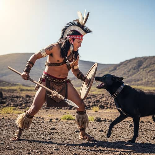 Guanche Warrior Battling Black Dog | Canarian Attire | Spear Fight