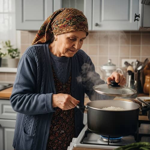 Elderly Muslim Woman Cooking Rice with Aromatic Spices