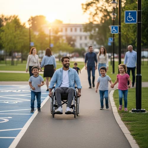 Inclusive City Park with Accessible Pathways and Joyful Atmosphere