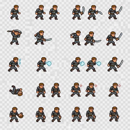 Pixel Art Caucasian Male Warrior Character Design for Top-Down Dungeons and Dragons Style Game