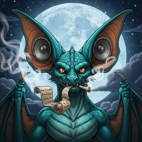 Unique Bat-Inspired Creature Smoking Paper Roll in Moonlit Night