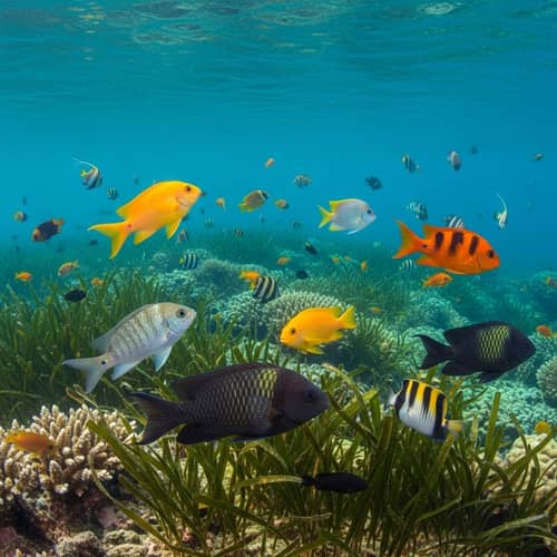 Colorful Fish Swimming in Harmony Around a Coral Reef