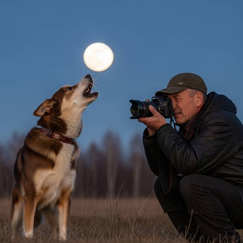 Udmurt Ethnicity Man with Dog gazing at the Daylit Moon