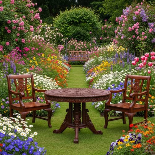 Tranquil Garden Oasis: Enchanting Flowers & Mahogany Table