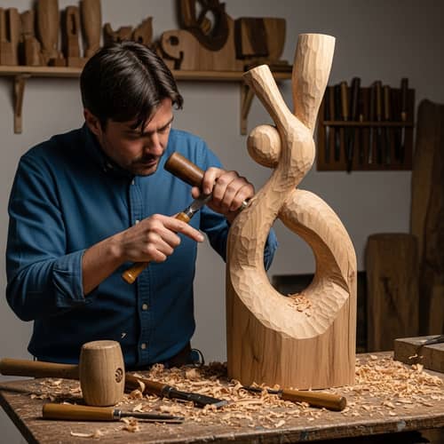 Wood Sculptor Crafting Abstract Masterpiece