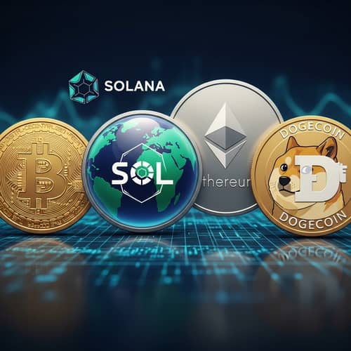 Bitcoin, Solana, Ethereum, Dogecoin Cryptocurrency Image