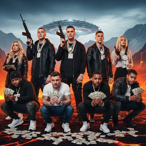 Futuristic Scene with Diverse Characters and Wealth Imagery