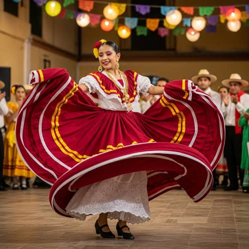 Hispanic Girl Dancing in Colorful Traditional Outfit
